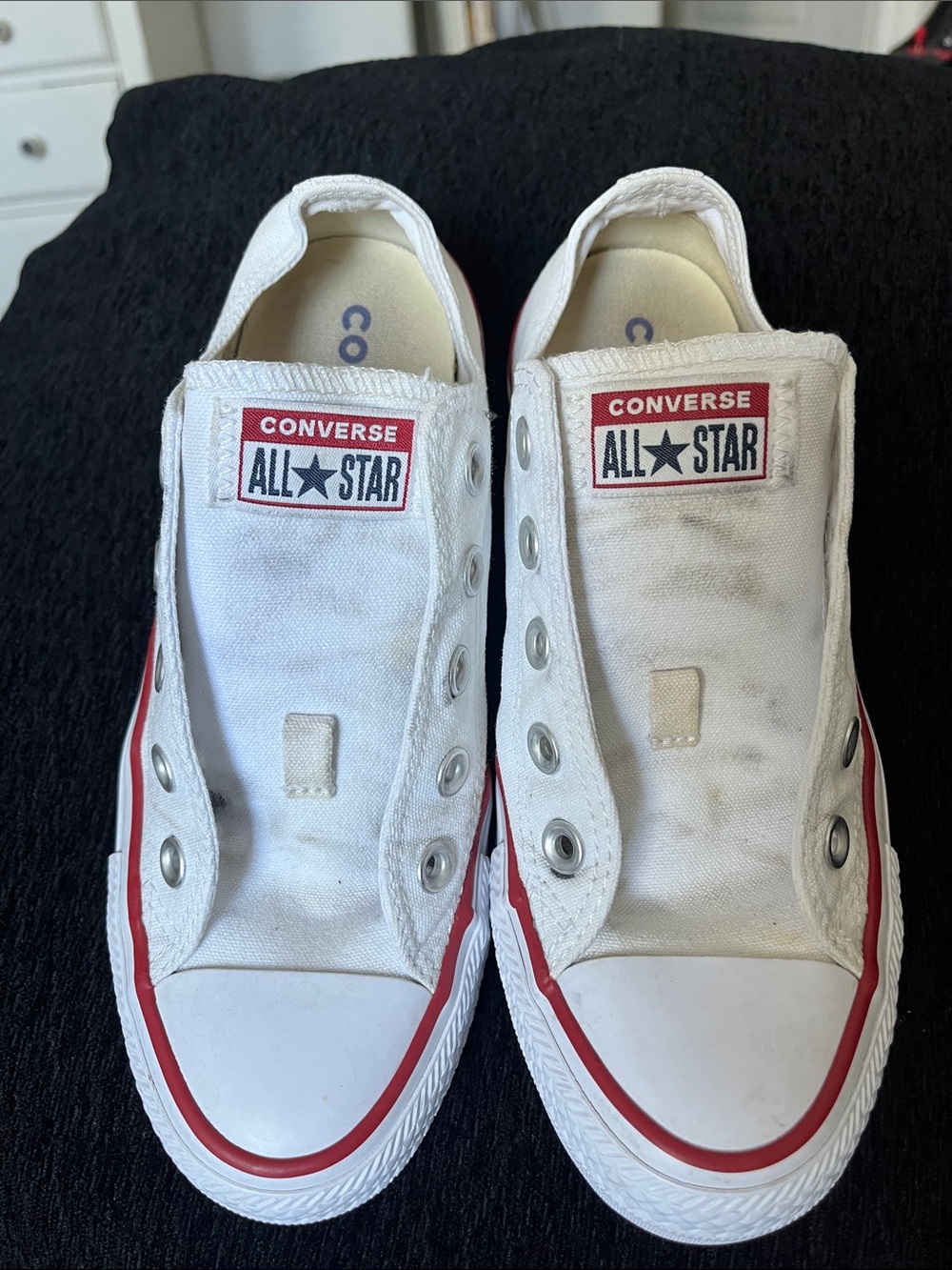Converse woman’s White and Red Slip-On Canvas Sneakers